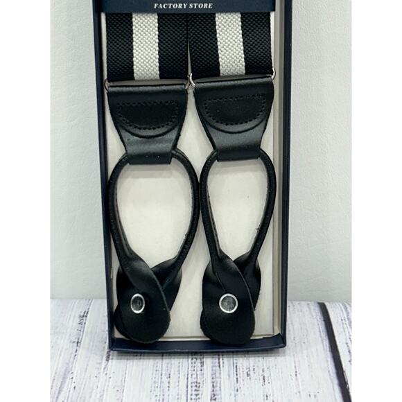NEW Brooks Brothers Mens Black & Gray Striped Button End Suspenders Leather Trim - Picture 2 of 7